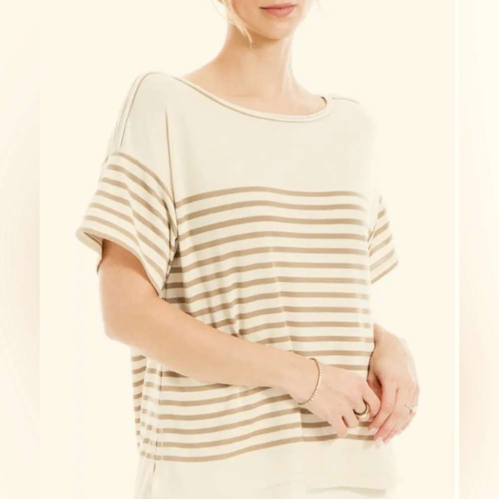 Max Studio Top, Sz. S, Beige w/ Tan Stripes, Drop Shoulder Sleeve